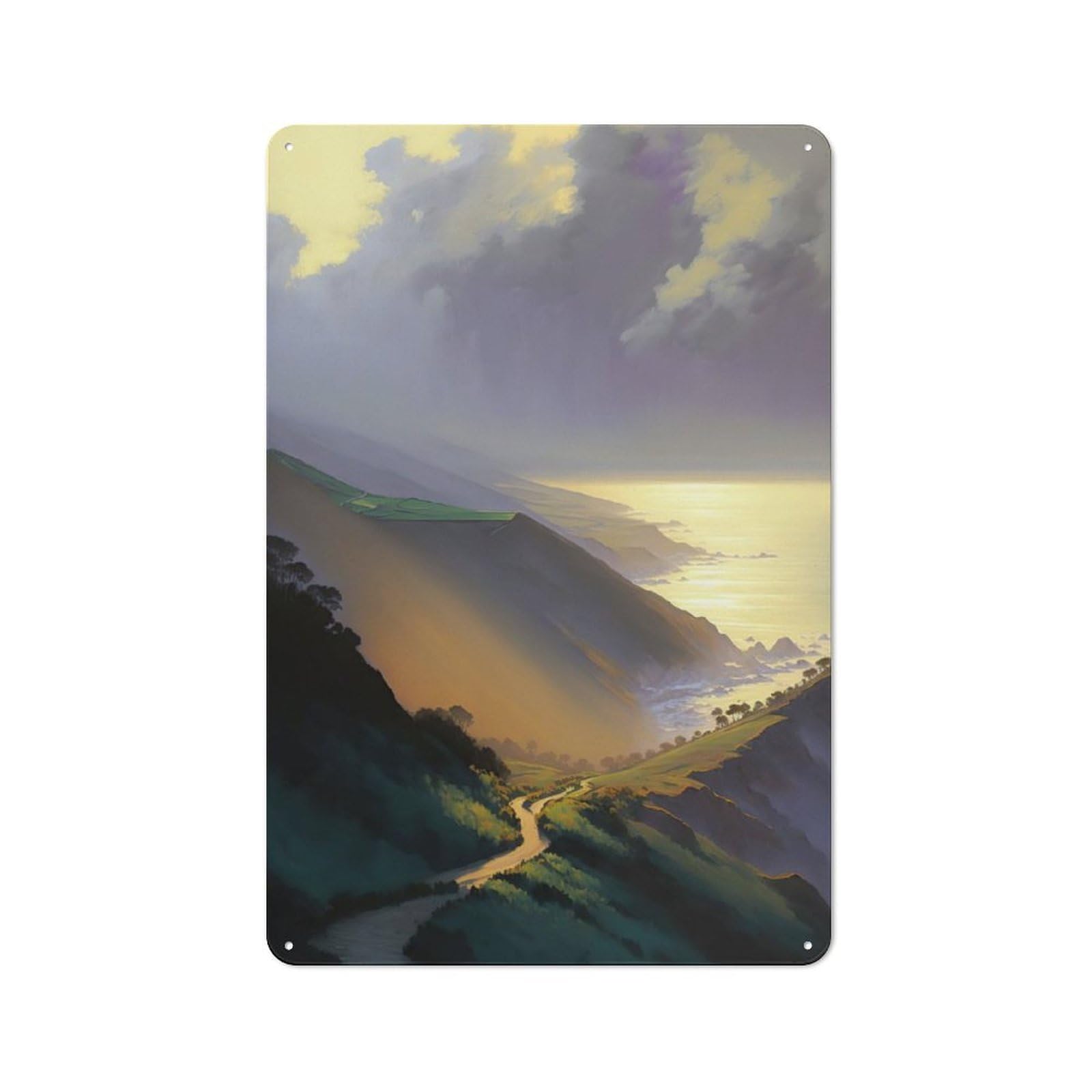 Coastal Hills Landscape Metal Wall Plaque, Easy to Hang Plaque for Home Cafe, Breakfast Area Or Pantry Wall, 30x20cm