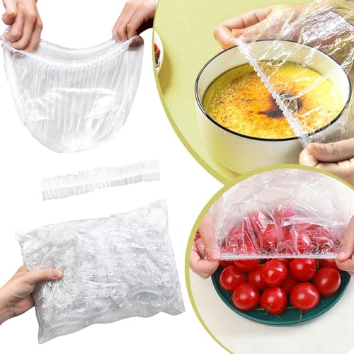 Generic Paquete de 100 bolsas retráctiles para conservar alimentos frescos, tapas transparentes para almacenamiento de alimentos, cubiertas para cuencos con elástico, material de polietileno,