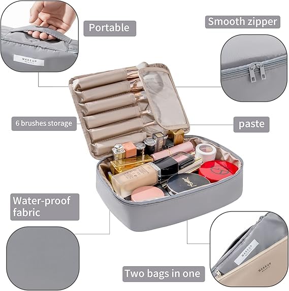 Image of WEMOL Small Travel Fashion Cosmetic Organizer Bag with Detachable Pouch, Super Soft Makeup Organiser Bag for Brushes, Toiletries, Cosmetics Items for Women (Grey)