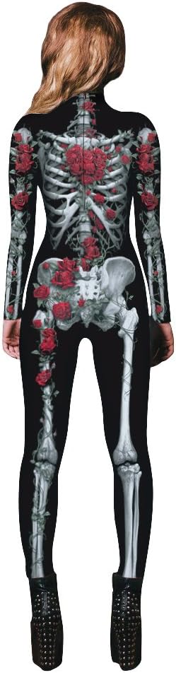Women Halloween Skeleton Jumpsuit Bodysuit Costume Scary Skull Print Skinny Catsuit