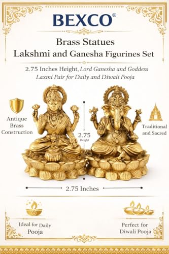 Bexco Estatuas de Latón Lakshmi y Ganesha 2.5 pulgadas miniatura 2