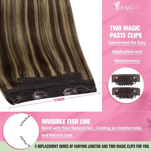 Image of YoungSee Wire Hair Extensions Highlight Wire Human Hair Extensions Dark Brown Highlights Caramel Blonde One Piece Hair Extension Short Straight Hair 12inch 75g