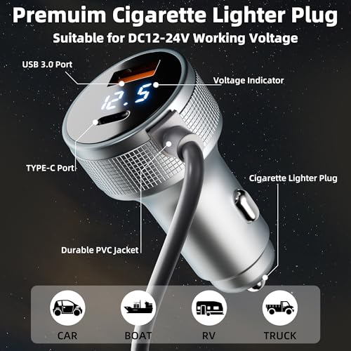 Image of Starlink Mini 12V Car Adapter with Step Up Converter, Star Link Mini Power Cable 3FT 12V-24V to 30V Boost Cigarette Lighter 12 Volt Adapter with USB A QC 3.0, Type-C PD 45W Ports and Voltmeter