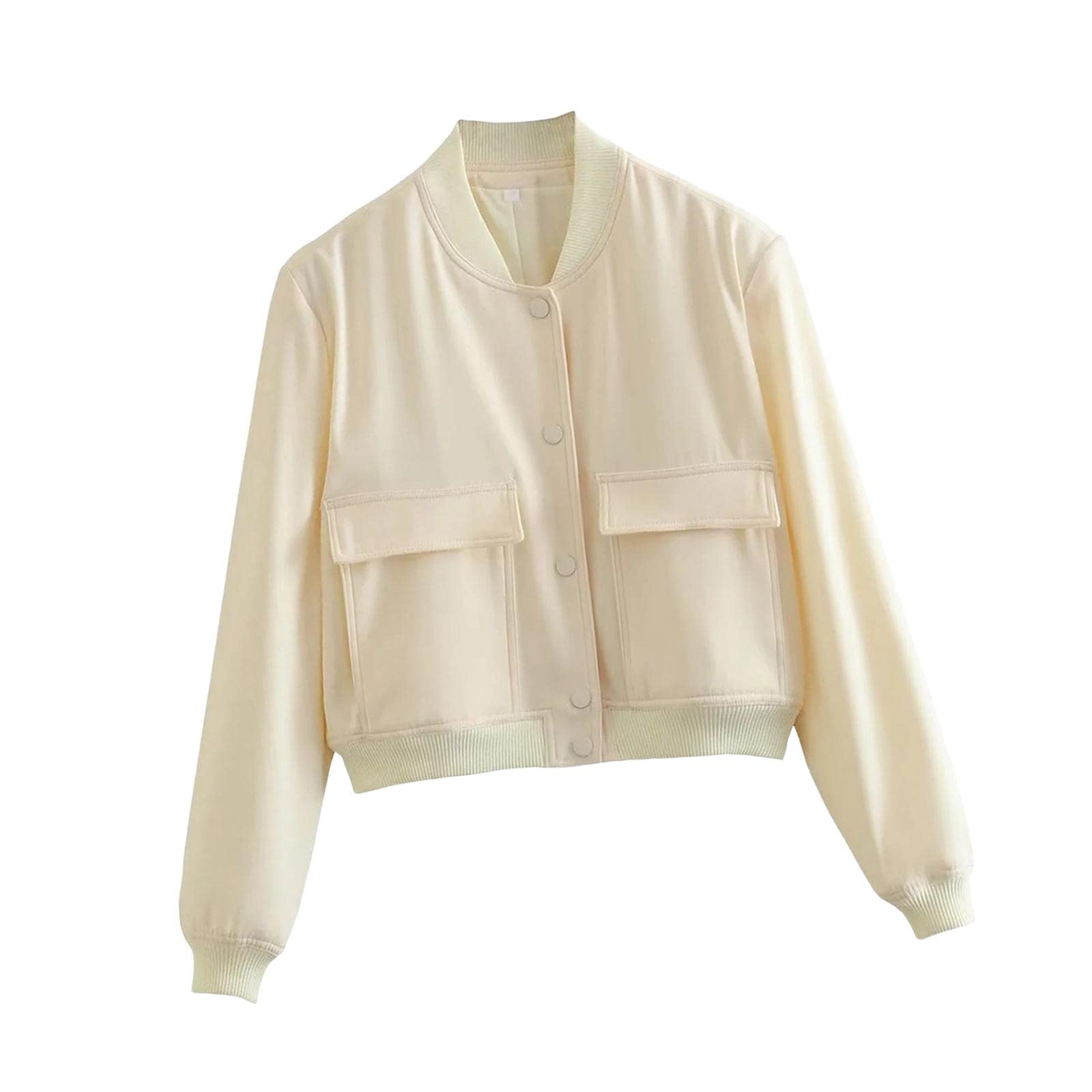 Women's Jacket Spring for Women Ladies Cropped Two Large Pockets Casual Coat M Beige-image-21