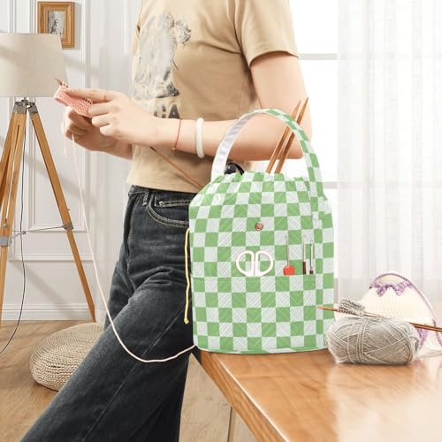 Image of Checkered Light Green Crochet Yarn Bag with Handle Portable Knitting Project Bag Travel Yarn Storage Organizer Holder Case Women Men Gifts
