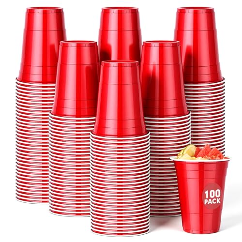 Dualshine 100 Pack Red Plastic Cups 16 oz Disposable Cups for Party Heavy Duty Drinking Cup Graduation Shot Cup for Wedding Birthday Beer Taste Serving Snack Sample Tastings Barbecues and Christmas