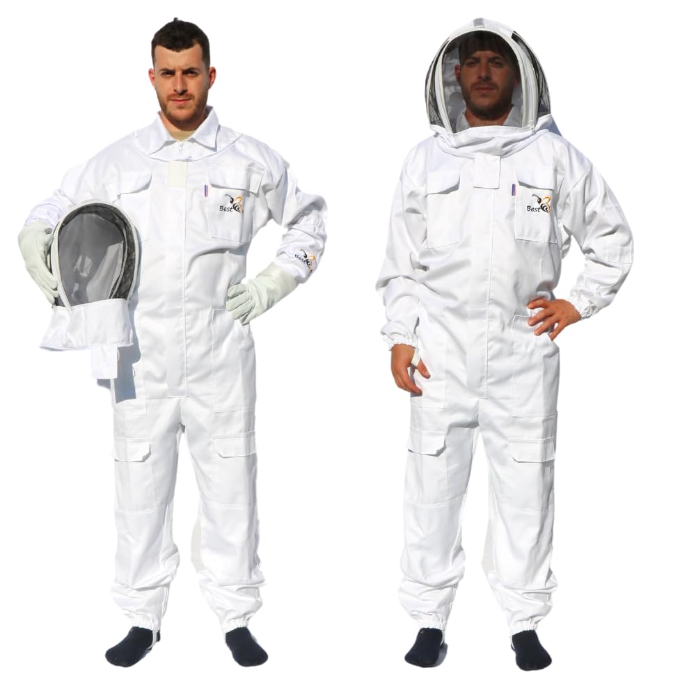Best Bee Tuta per apicoltore in tessuto spesso e cotone di alta qualità, cerniera robusta, cappuccio rimovibile, tasche per attrezzi, tenuta per apicoltura anti vespe e api SG (XL)