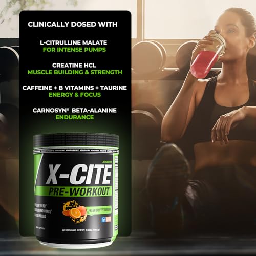 Image of X-CITE Pre-Workout by ATHLEAN-X - Enhanced Formula with Beta-Alanine, Creatine & Caffeine for Ultimate Energy, Endurance, Focus & Muscle Pump, NSF Certified for Sports (Fresh Squeezed Orange)