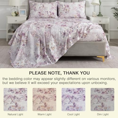 Image of Purple Floral Queen Sheet Set 100% Cotton, Butterfly Patterned Vintage Percale Bed Sheets, Shabby Chic Luxury Toile Bedding, Deep Pocket Crisp Soft Farmhouse Flower Fitted Sheet 4Pcs