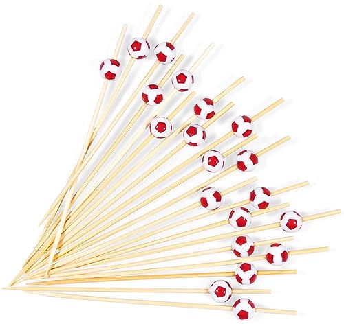BRUBAKER 50 Piezas Pinchos de Cóctel Fútbol Rojo - Brochetas de Madera de 12 cm para Aperitivos, Snacks, Fruta, Tartas y Cócteles - Brochetas de Madera Decoración de Fiesta para la Copa del Mundo