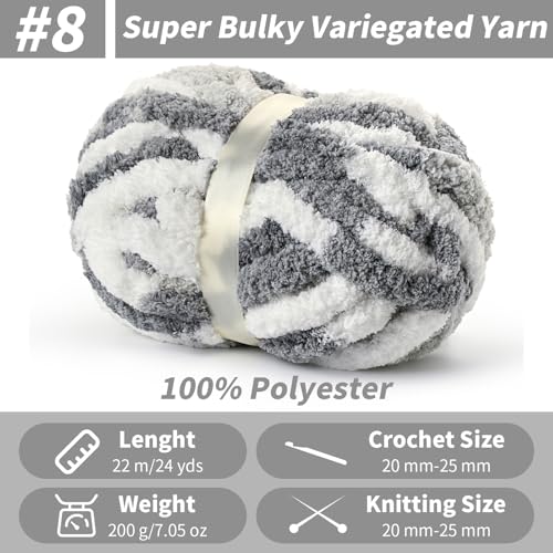 Image of Chunky Jumbo Chenille Yarn White-Grey 10 Pack