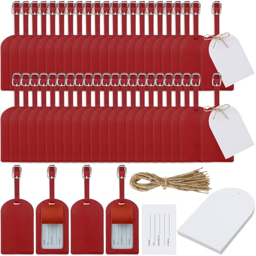 Amylove 48 Sets Leather Luggage Tags Bulk Wedding Favors Luggage Tags for Guests Bridal Gifts Wedding Bridal Shower Gift PU Leather with Name ID Card Tag for Guests (Burgundy)
