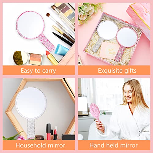 Bucherry 2 Pcs Rhinestone Hand Mirror Wedding Bling Hand Held Mirrors Adorable Dazzling Cosmetic Portable Decorative Personal Makeup Mirrors For Women Girls Bride Wedding Gift, Pink White (Round) #TOP6
