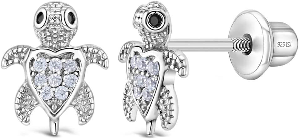 925 Sterling Silver Girl's Sea Turtle Earrings with Safety Screw Backs for Toddlers & Young Girls - Hypoallergenic Turtle Stud Earrings for Children & Teens - Turtle Earrings for Kids