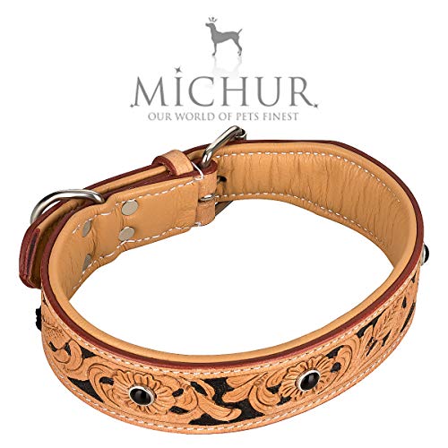 MICHUR Jose Hundehalsband Leder, Lederhalsband Hund, Halsband, Beige, Leder, mit gefärbten Bereichen in Schwarz und Schwarzen Steinen, in verschiedenen Größen erhältlich
