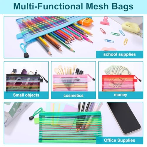 Image of Fainne 120 Pack Mesh Pencil Pouch Mesh Zipper Pouch 9 inch x 4.7 inch Pencil Case Bulk Multipurpose Cosmetics Toiletry Small Bag for Office Travel(Multicolored Stripes Colors)