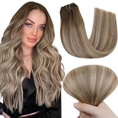 Easyouth Clip in Human Hair Extensions Brown Balayage Clips in Extensions Real Human Hair Brown Ombre Blonde Real Hair Extension Clip in Long Straight 22Inch 5Pcs 70g #3/8/22