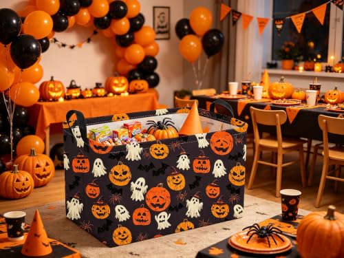 Image of Sanjiaofeng Rectangular Halloween Ghost Storage Basket,Waterproof Foldable Storage Baskets,Trick or Treat Halloween Basket,Halloweens Party Candy Gift Baskets(Happy Pumpkin)