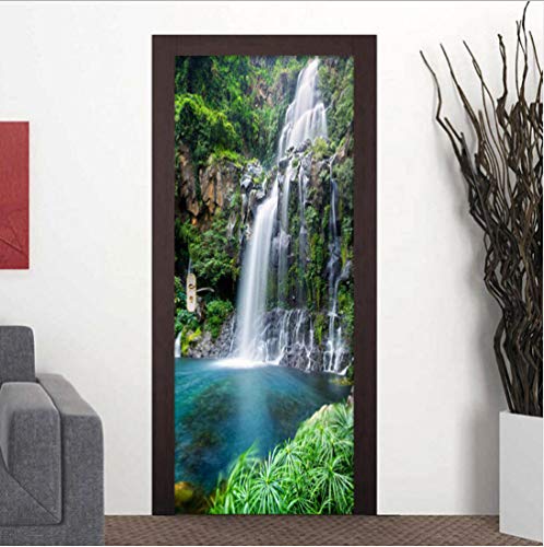 Autocollant Porte 77cm x 200cm Paysage de cascade Poster de Porte Papier Peint Porte Sticker De Porte Trompe l'oeil Effet 3D Intérieure Muraux PVC Stickers Salle De Bain Cuisine Décoration Cover
