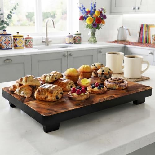 Image of Woodard & Charles Raised Acacia Wood Serving Tray, 12 inch x 8 inch x 1.75 inch, 4 Pack | Platform Serving Tray with Feet; Serve Cheese, Charcuterie, Sushi, Appetizers, Small Bites at Home, Parties, Catering Events