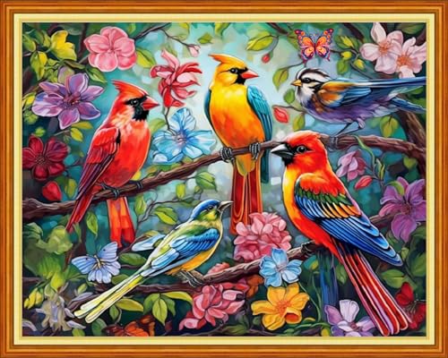 Image of Redxing Stamped Cross Stitch Kits Embroidery kit for Beginners Adults Full Range of Embroidery Patterns Starter Kits DIY Printed Cross Stitch Kits Needlepoint Kits 11CT- Birds on Trees 16x20 inch