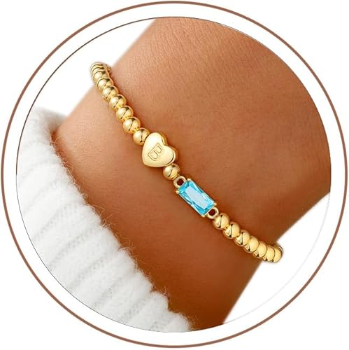 M MOOHAM Birthstone Initial Bracelets for Women, Dainty Heart Letter B Birthston
