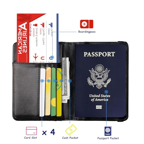 TOURSUIT RFID Blocking Passport Holder for Women Men, Leather Passport Travel Wallet with Metal 3D Metal Badge, Travel Document Holder Cover Accessories (Black)2