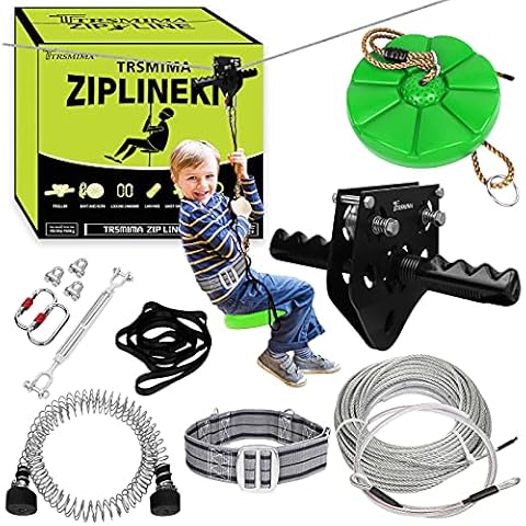 TT TRSMIMA 100 ft /120 ft /150 ft/180ft Zip Line Kit for Kids and Adult Up to 380 lb - Updated Removable Design Trolley and Thickened Seat, Rust Proof W/Safety Harness - Zipline Kits for Backyard Cover