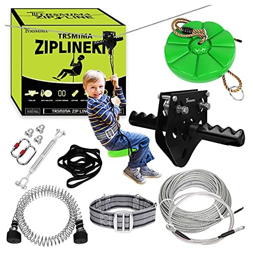 98 Feet Zip Line Kit for Kids and Adult Up to 330 lb with Zipline Spring Brake and Safety Harness, Zip line Trolley with Handle and Thickened Seat,for Backyard Playground Entertainment