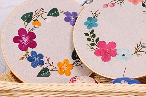 Full Range of Embroidery Starter Kit with Pattern, Kissbuty Cross Stitch Kit Including Stamped Embroidery Cloth with Pattern, Imitation Wood Embroidery Hoop, Color Threads and Tools Kit (Floral Hoop)