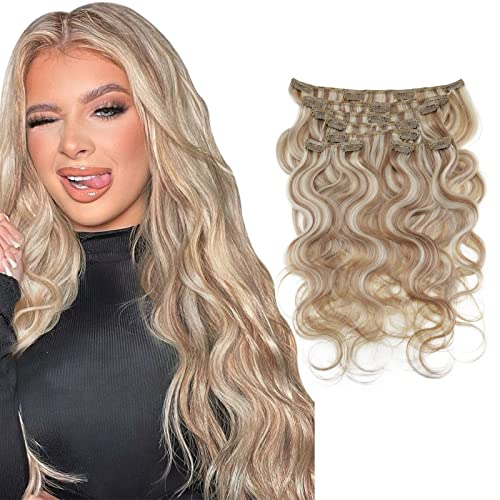 RUNATURE Clip in Hair Extensions Body Wave Human Hair Clip in Blonde Highlights Wavy Blonde Hair Extensions Clip in Remy Hair Double Weft 14 Inch 100g/7pcs