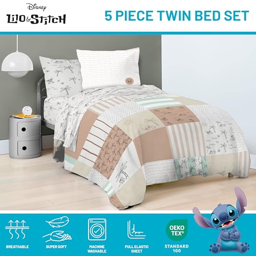 Image of Disney Lilo and Stitch Twin Comforter Set 5 Piece Bedding for Girls, Multi | Bed in a Bag, Comforter Sheets Sham Pillowcase, Official Product, Soft Microfiber, Machine Washable, Easy Care, Girls Gift