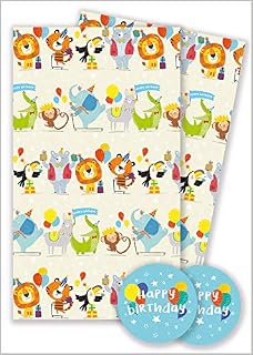 Wrapping Paper 12365A Party Animals Gift Wrap Pack with 2 Sheets & 2 Tags, Plastic Free & Fully Recyclable, Multicoloured