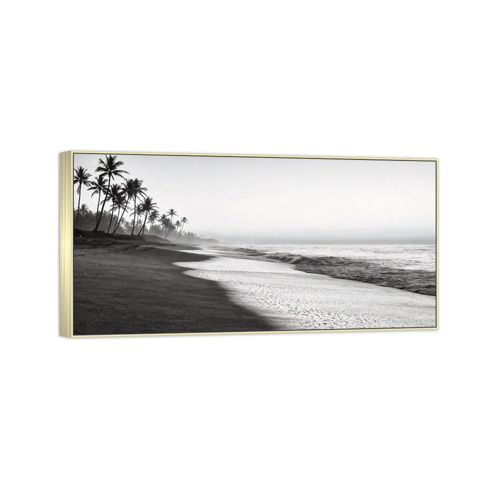 Sea Beach 2 Black White Landscape Canvas Picture 60x120cm Silver Frame