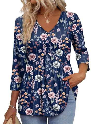 Image of OFEEFAN 3 /4 Length Sleeve Womens Tops 2026 Blouses for Women Dressy Casual Fashion Clothing V Neck Babydoll Tops Fall Outfits