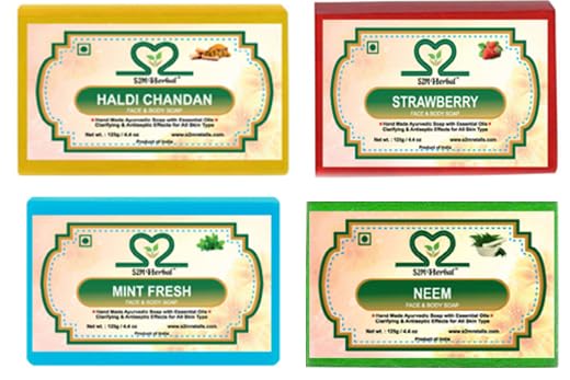 Image of Handmade Soap Combo Kit - Pack of 4 (Haldi Chandan, Neem, Strawberry, Mint Soap) (|Gift Pack For Glowing Skin | (4 x 125g) (4 x 125 g)