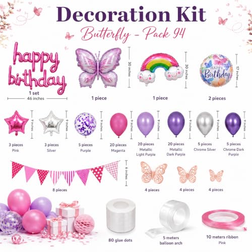 Image of AMFIN (Pack of 94) Butterfly Theme Birthday Decoration Kit Metallic Finish Women Girls Item Purple Rainbow Flower