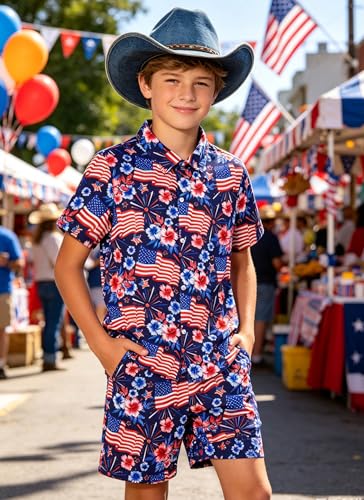 Image of UNICOMIDEA Boys 4th of July Outfits Kids Patriotic Independence Day Tropical Short Sets for 5-12 Years