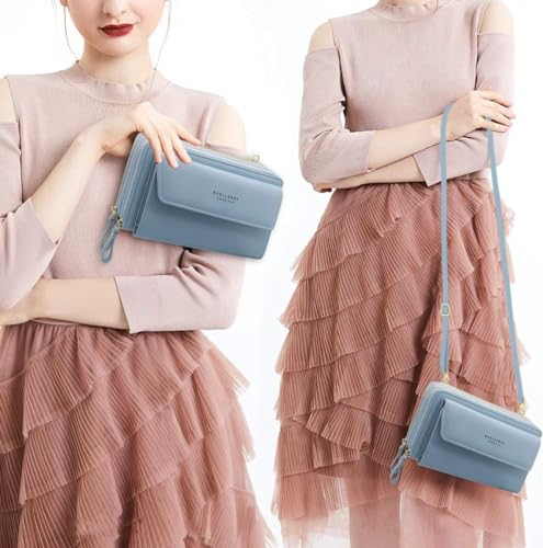 Image of Women Leather Wallet Crossbody Shoulder Bag with Double Zipper and Mobile Phone Purse with Shoulder Strap