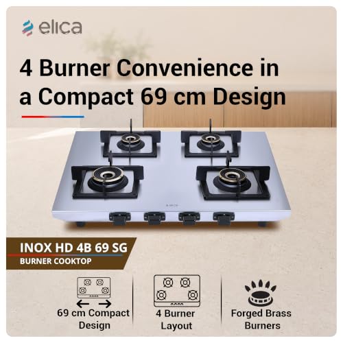 Image of Elica 4 Burner 2mm Stainless Steel Gas Stove | INOX HD 4B 69 SG | 69cm Compact Layout, Forged Brass Burners - 1 Jumbo 1 Medium & 2 Small Burners, Square Grid Pan Support, 2 Yr Warranty