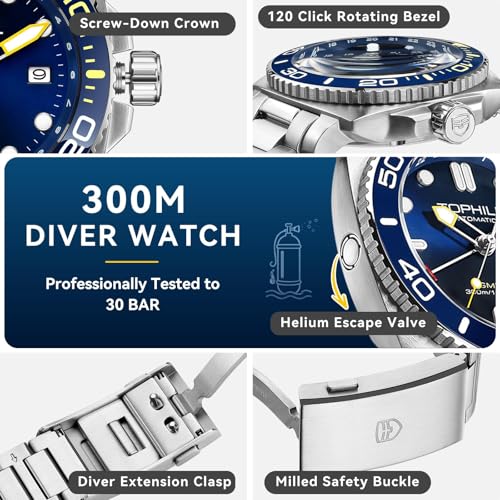 Image of TOPHILL Men Watches Automatic Mechanical Watches - Dive, GMT, Chronograph & Dress Styles | 316L Stainless Steel, Sapphire Crystal, Ceramic Bezel | 5ATM-300M Waterproof with Super Luminous | Classic Business & Sport Casual