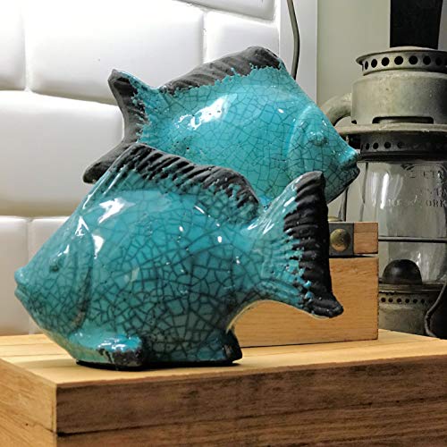 Whw Whole House Worlds Beach Chic Fish Sculptures, Set Of 2, Crackled And Worn Blue Glazed Over Terracotta, Each 6.0 L X 2.25 W X 4.0 H Inches, 0.75 Lbs #TOP6