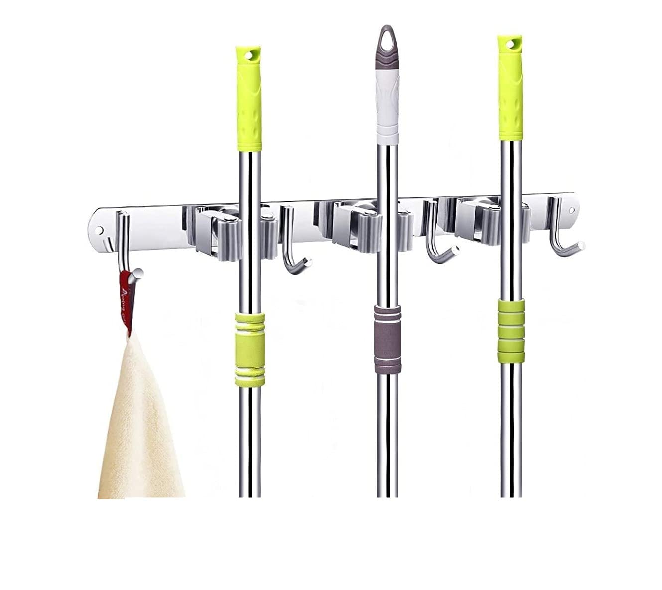 Voarge Stainless Steel Broom and Mop Hanger with 3 Holders and 4 Hooks for Brush and Mop Organizer Tool Holder for Home Kitchen