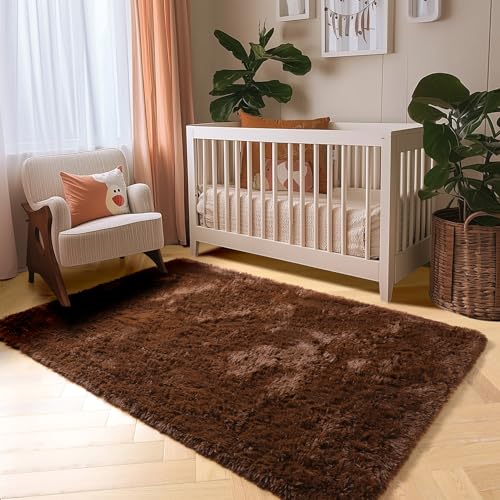 Amdrebio Dark Brown Area Rugs for Bedroom Living Room, 5x7 Fluffy Shaggy Plush Rugs for Kids Room Decor Aesthetic, Fuzzy Furry Chocolate Coffee Modern Cool Carpet for Classroom Playroom Dorm Nursery