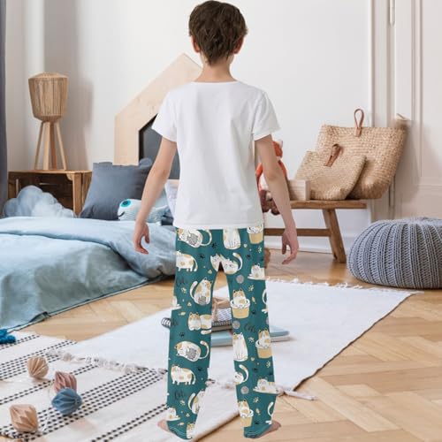 Boy's Pj Pants Kitty Cat Fishbone Woolen Ball Lounge Bottoms Elastic Waist Kids Joggers with Pockets Size 6-143