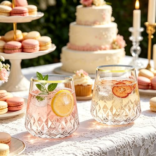Image of Lueumxc 40 Pack Plastic Wine Glasses, 14Oz Gold Rim Disposable Wine Glasses Unbreakable Rhombus Plastic Cocktail Glasses Recyclable Shatterproof Reusable Wine Cups