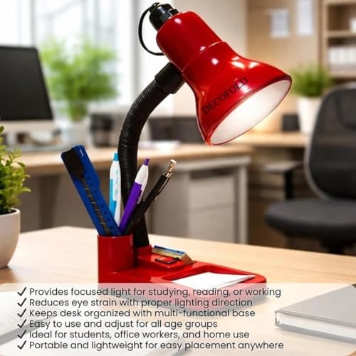 Image of Electric Study Lamp | Adjustable Neck Table Light for Students & Readers | Compact Desk Lamp for Study, Office & Bedroom Use (Red)