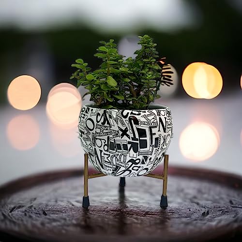 Decor House Alphabet Print Metal Flower Vase Planter Pot with Iron Stand, Pots for Plants, Plant Pots for Home Decoration, Succulent Pot, Indoor Planter Garden Decor (Plant Not Included)