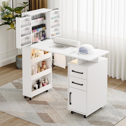 HolaiNail Manicure Table with Extendable Polish Cabinet, Nail Desk with LED Light, Dust Collector, Wrist Rest, Lockable Wheels, Beauty Salon Station Home Nail Tech, White
