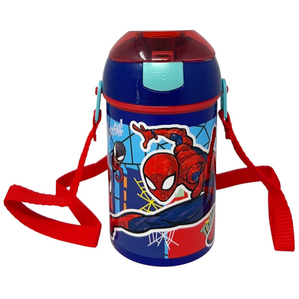 Spiderman Marvel Pop Up Bottle Reusable Plastic Bottle with Shoulder Strap BPA Free Capacity 450ml